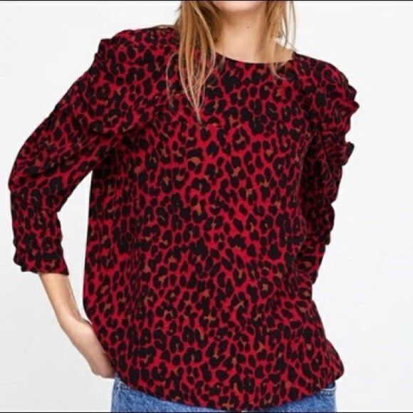 Zara Leopard Print Puffy Sleeve Red & Black Blouse XS - Picture 2 of 7